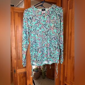 NWOT Caribbean Joe Turquoise and Pink Paisley Long Sleeve Swim Top/Coverup - XL